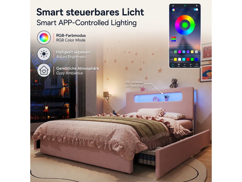  Lit enfant double 140×200 cm, 4 tiroirs, led et étagères  - sans matelas, velours rose  - Conforama C