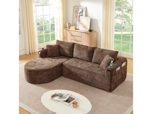 Canapé d'angle l 255 cm en lin - 3 places - porte-gobelet inox - poches latérales - sans montage - marron