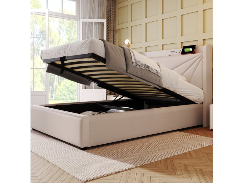  Lit coffre 1 place 90 x 200 cm beige avec tête de lit et ports usbtype-c  - Conforama C
