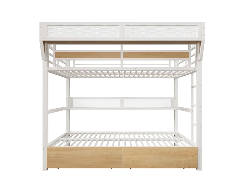  Lit superposé, 140 x 200 cm, sommier métallique, étagère, panier de rangement, 2 tiroirs métalliques, éclairage led, sans matelas, blanc  - Conforama D