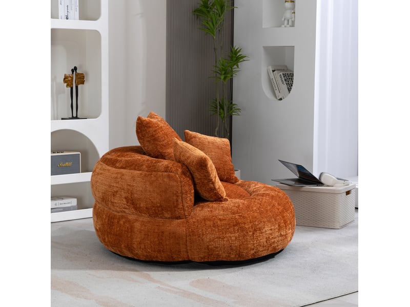  Fauteuil pouf modenvie en chenille orange 108 x 108 x 52 cm avec 3 coussins  - Conforama D