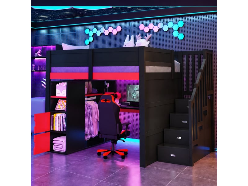  Lit mezzanine gamer 140x200 avec bureau, rangements, led et escalier, noir et rouge  - Conforama B