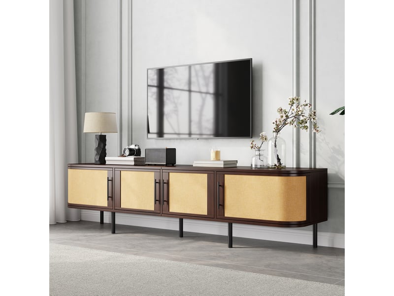  Meuble tv bas 180x40x45 cm, fini noyer en mdf, rangement 4 portes, façade tressée, poignées noirs, pieds en métal  - Conforama E