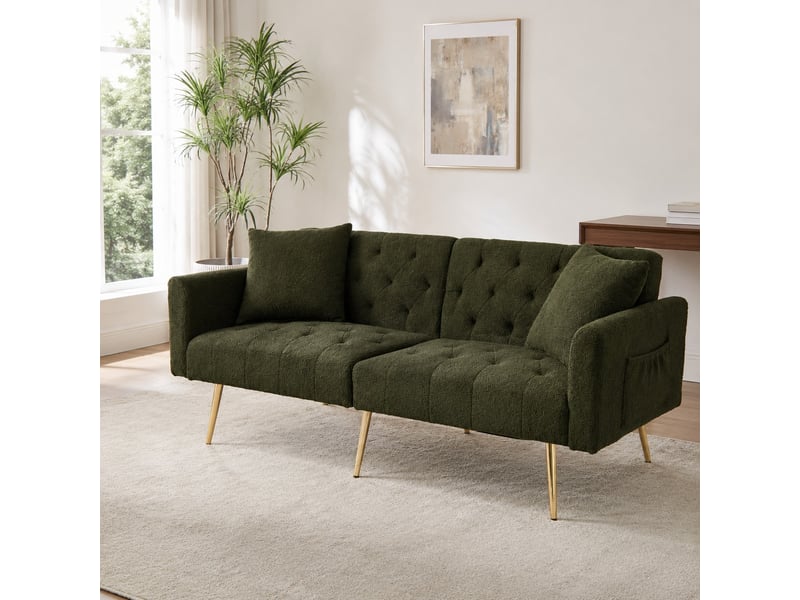 Canapé droit 2 places à dossier réglable - coussins inclus, tissu bouclé, pieds métal - vert - Conforama C