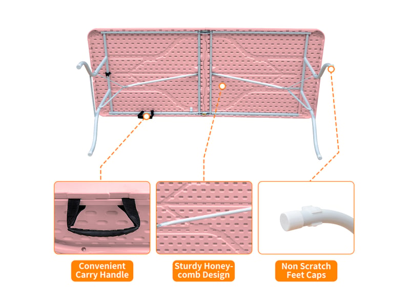  Table pliante portable 180x73,6x73,6 cm – rose – poignée de transport, format compact pour 6 à 8 personnes  - Conforama D