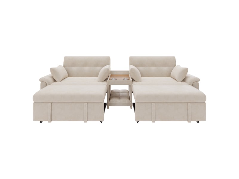Canapé-lit u corda, beige, 284x138x89 cm, convertible, dossier réglable, table avec 2 porte-gobelets, 4 coussins, chenille - Conforama A