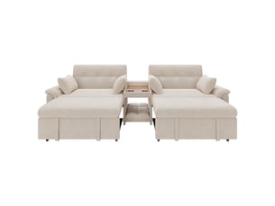 Canapé-lit u corda, beige, 284x138x89 cm, convertible, dossier réglable, table avec 2 porte-gobelets, 4 coussins, chenille