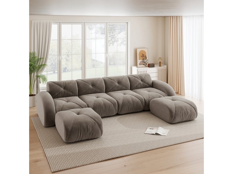 Canapé d'angle, canapé modulable : sans montage, sans cadre, base antidérapante, taupe, 4 places, en tissu, forme u - Conforama C