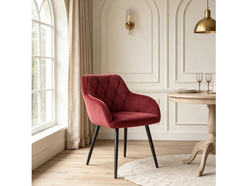  Chaise de salle à manger avec accoudoirs rouge en velours et pieds en métal  - Conforama D