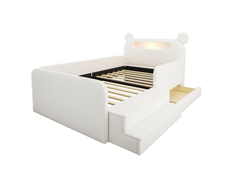 Lit enfant 90x200 cm - lit simple avec rangement intégré - tête de lit ours avec veilleuse et usb - similicuir - blanc - Conforama W