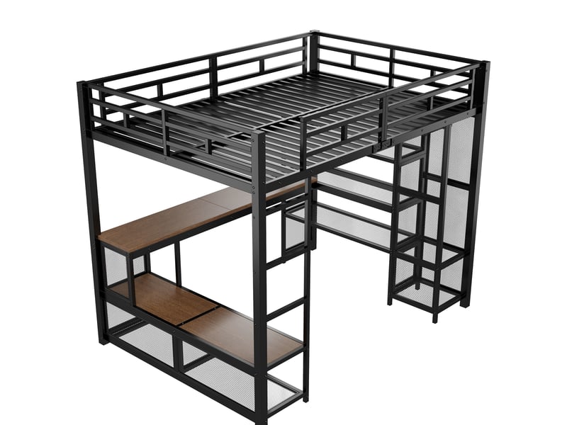  Lit mezzanine 140x200 cm avec bureau intégré, étagères et penderie ouverte, led 16 couleurs, usb, garde-corps hauts, métal noir Radiant Stride - Conforama E