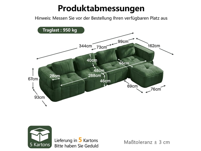  Canapé modulaire d'angle 4 places sans cadre avec pouf, assise profonde en mousse 32d, tissu polyester vert  - Conforama C