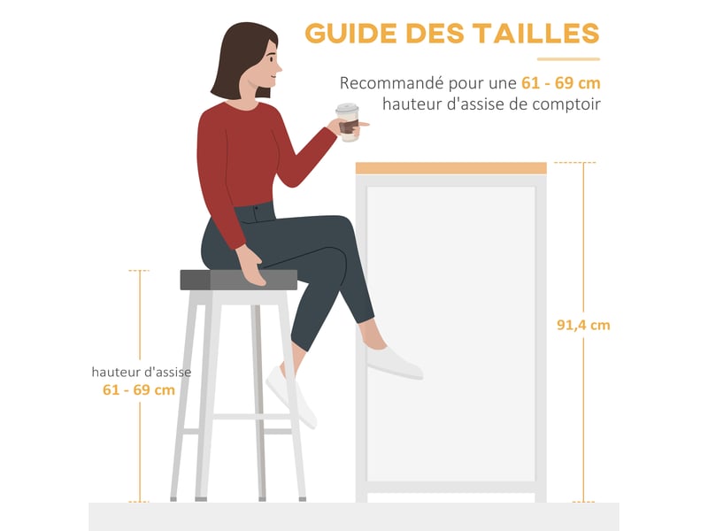  Ilot centra table de bar plateau rabattable  latéral et 3 étagères 120 x 76 x 91,4 cm brun rustique  - Conforama W