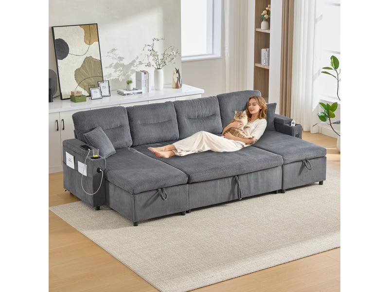  Canapé 4 places en velours gris anthracite avec méridiennes des deux côtés, rangement, porte-gobelets, usb, fonction lit extensible, pour salon  - Conforama B