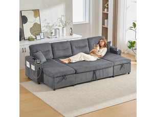Canapé 4 places en velours gris anthracite avec méridiennes des deux côtés, rangement, porte-gobelets, usb, fonction lit extensible, pour salon