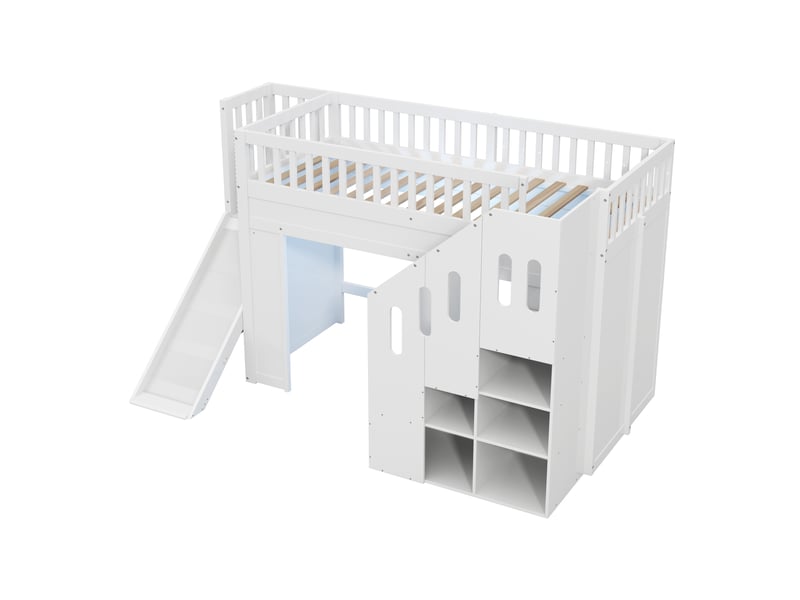 Lit superposé, lit mezzanine, lit enfant 90x200cm avec toboggan, barrière de sécurité et escalier de rangement, lit junior, avec bande lumineuse led, bois massif, blanc  - Conforama E