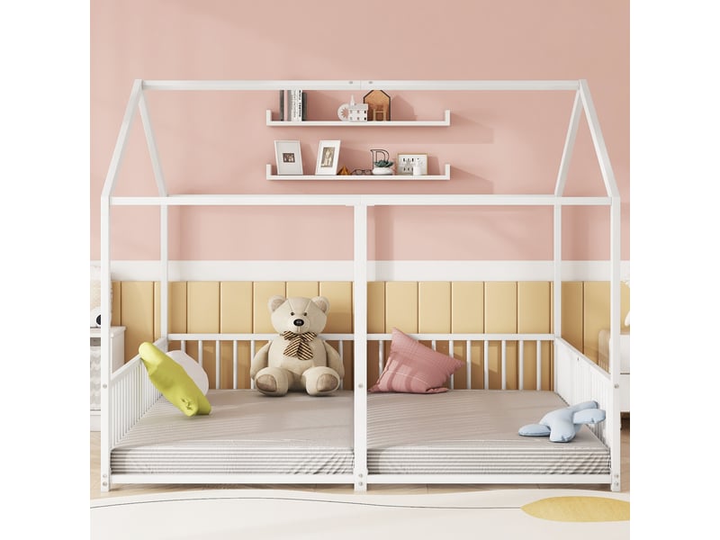  Lit cabane superposé enfant en métal blanc 90x200 cm avec barrière de sécurité et échelle, cadre en fer robuste, sans matelas.  - Conforama D