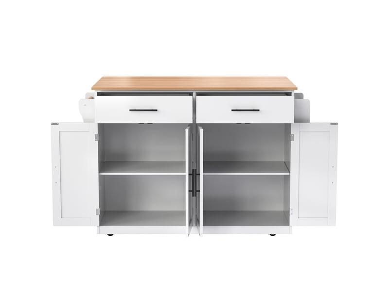 Desserte de cuisine 120 x 46 à 71 x 91,5 cm blanc et naturel en mdf, plateau rabattable, 2 tiroirs, 4 portes - Conforama E