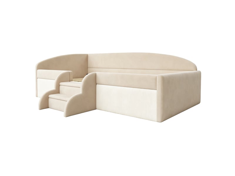  Lit enfant rembourré 90 × 190 cm 1 place avec barrières et marches, sans matelas, en velours beige  - Conforama E