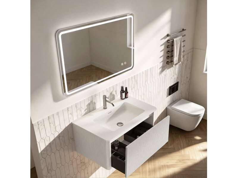  Meuble sous vasque suspendu avec 1 tiroir et miroir led antibuée réglable pour salle de bain blanc 81 × 46,5 × 37 cm  - Conforama D