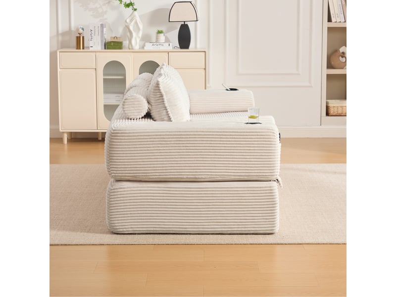  Canapé convertible 3 places en velours côtelé beige avec coffre et tiroir intégré pour salon  - Conforama R