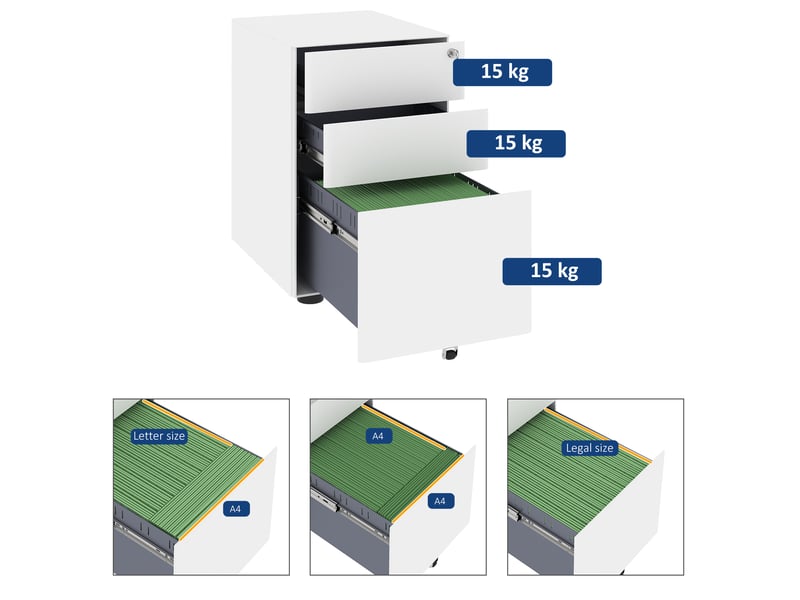  Caisson mobile 39x48x59 cm blanc en acier, 3 tiroirs verrouillables pour dossiers a4 et a5 au bureau  - Conforama E