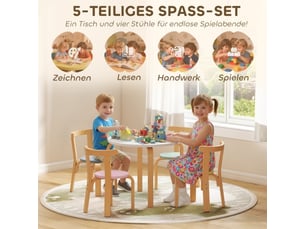 Ensemble table et chaises enfant 5 pièces en bois massif léger, multicolore