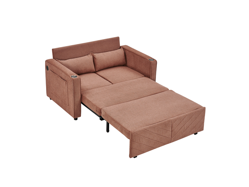  Canapé convertible 2 places avec ouverture coulissante et ports usb  - structure en bois, tissu orange  - Conforama A