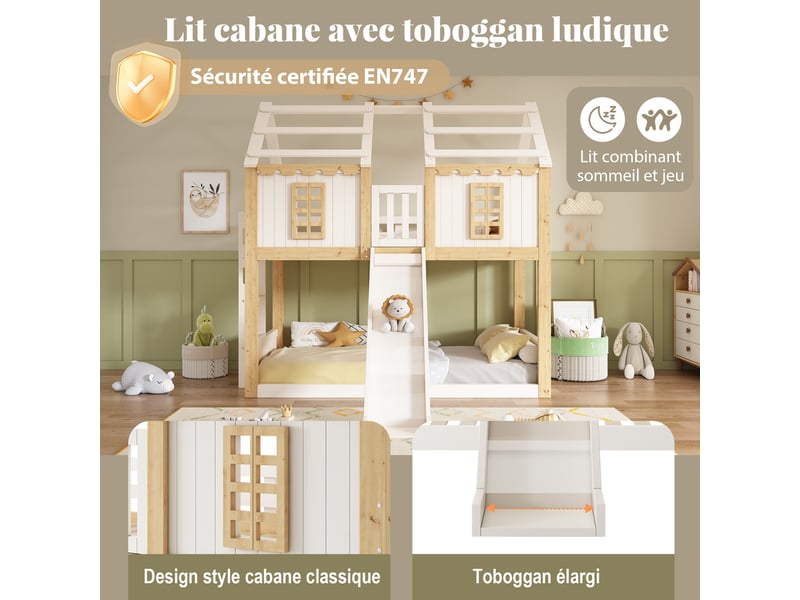  Lit superposé enfant 90×200 cm avec toboggan, lit cabane en bois avec échelle réversible, garde-corps 360°, fenêtre et espace de jeu - blanc et bois naturel  - Conforama E