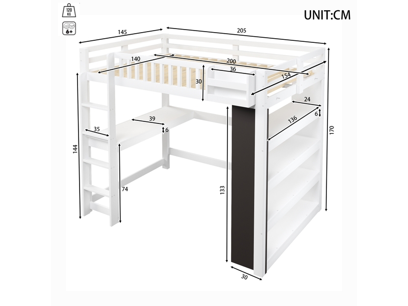 Lit mezzanine, 140 × 200 cm, blanc, bois de pin, rangement intégré, sans matelas, étagères de rangement, bureau intégré - Conforama E