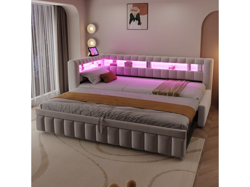  Lit capitonné, lit enfant 90x200 cm, canapé-lit extensible, led, usb, réf. 422aaa, velours beige  - Conforama W