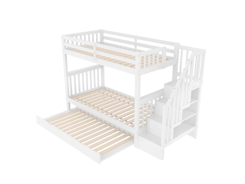 Lit superposé blanc 90 × 200 cm, lit gigogne, escalier avec rangement et garde-corps haut - Conforama E