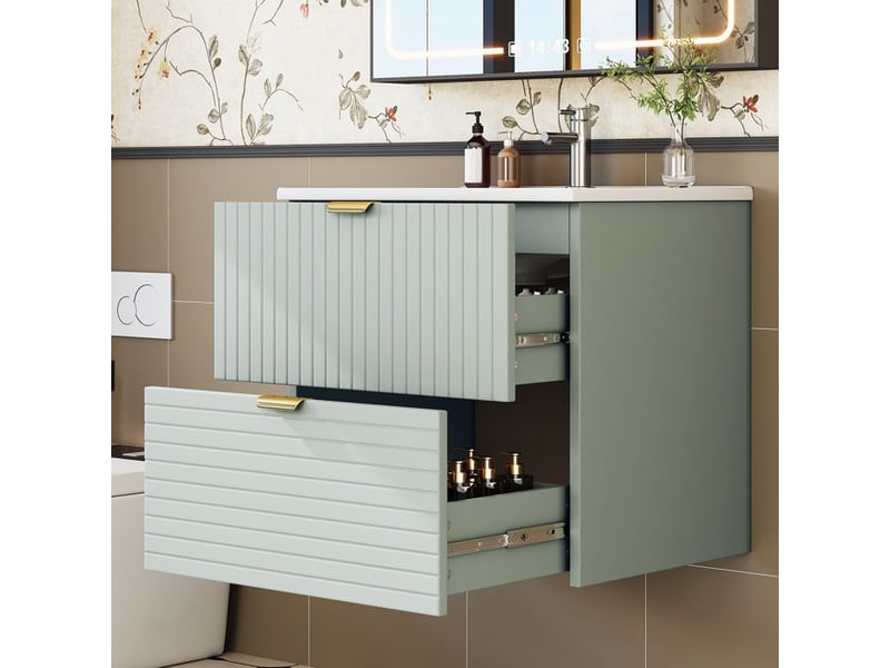  Lavabo mural avec meuble - vert menthe - mdf laqué - deux tiroirs silencieux - façades structurées 61x46x57cm - Conforama B