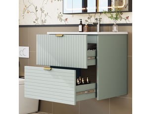 Lavabo mural avec meuble - vert menthe - mdf laqué - deux tiroirs silencieux - façades structurées