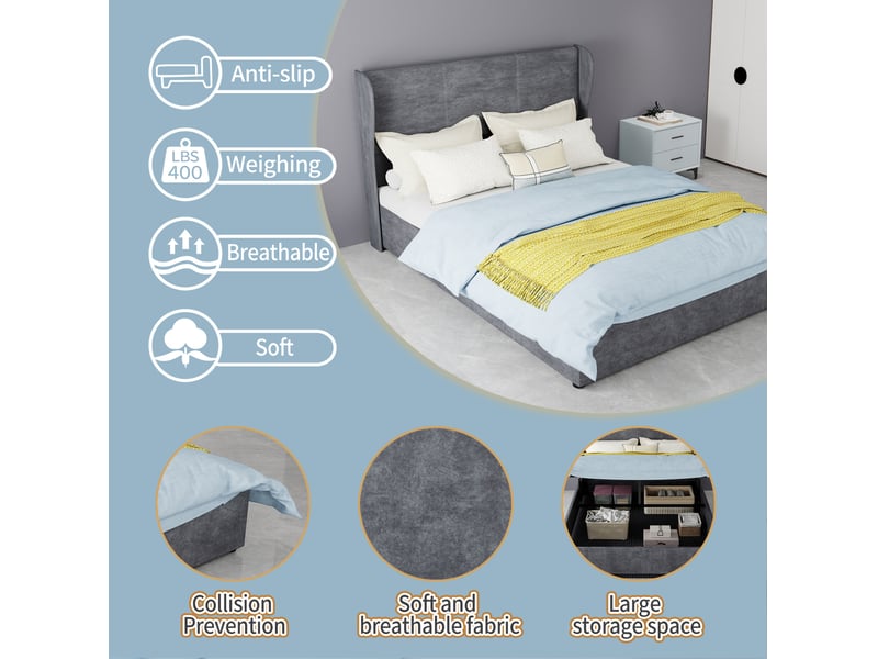  Lit coffre 140x200 cm avec tête de lit, matelas inclus, coloris gris  - Conforama E