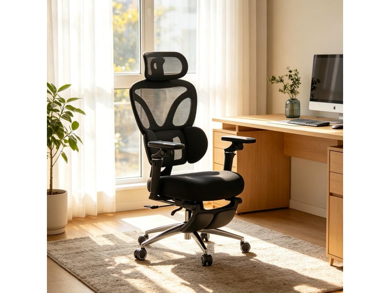  Chaise de bureau pivotante avec repose-pieds, appuie-tête et soutien lombaire réglables en maille noire  - Conforama D