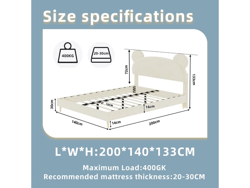  Lit enfant 200×140 cm avec tête de lit peluche à oreilles d’ours et matelas à ressorts ensachés, en tissu et métal beige  - Conforama D