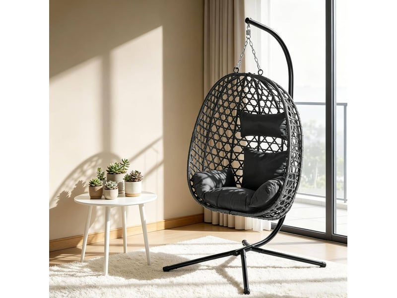  Chaise suspendue 105x105x195 cm anthracite en métal et pe rotin, hauteur réglable et support inclus  - Conforama B