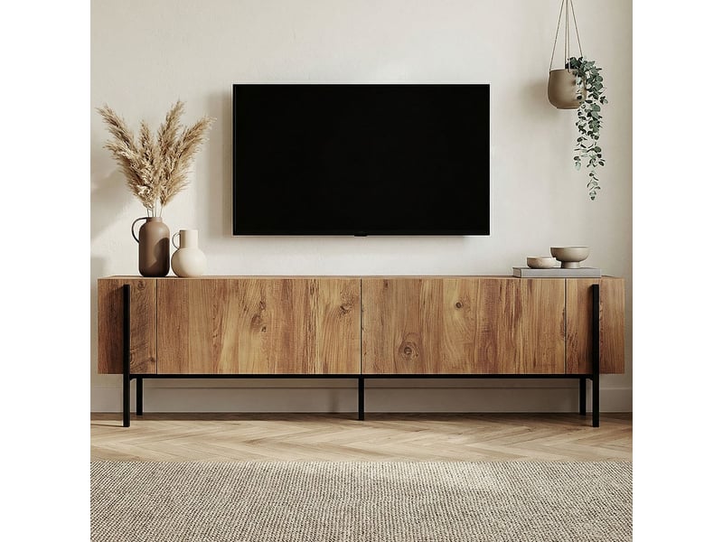  Téléviseur mobile sur pied design nexus avec portes et pieds noirs - bois neutre  - Conforama E