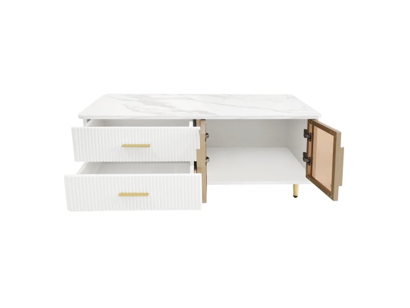  Table basse en verre trempé led, porte et tiroirs à motif ondulé, poignées et pieds dorés, plateau marbré  - Conforama A