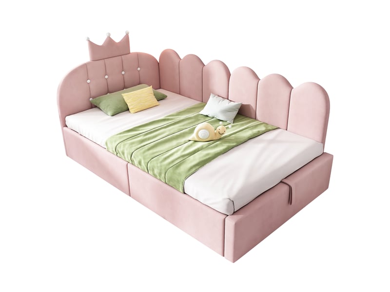  Lit banquette 90 x 200 cm avec coffre hydraulique, dossier réversible, velours rose  - Conforama A