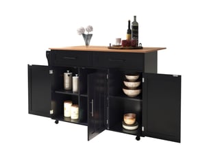 Îlot de cuisine noir avec plateau rabattable, chariot de service sur roulettes avec 2 tiroirs et armoires de rangement, 129x46x91,5cm