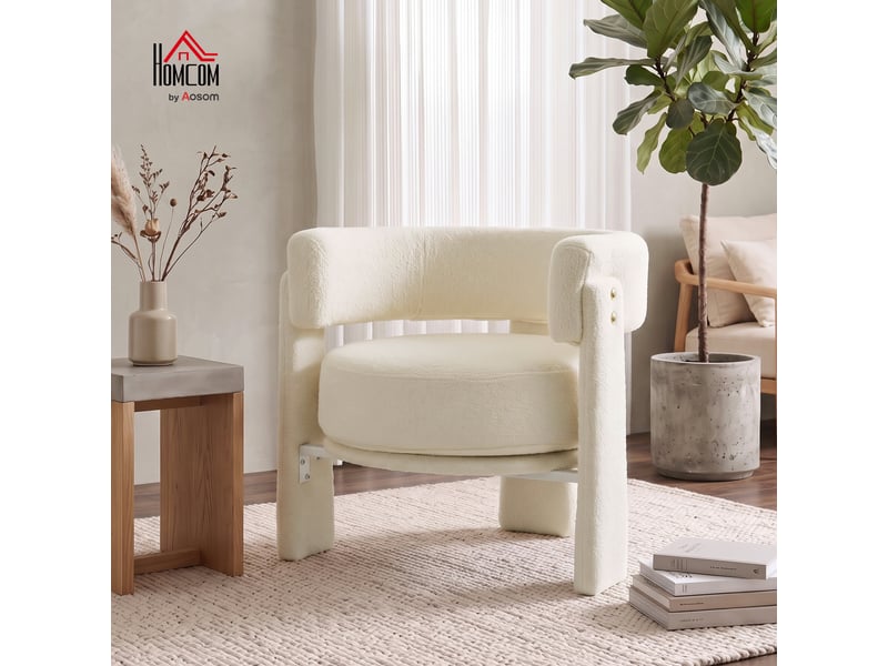  Fauteuil lounge recouvert de peau de mouton avec coussin lombaire blanc crème  - Conforama D