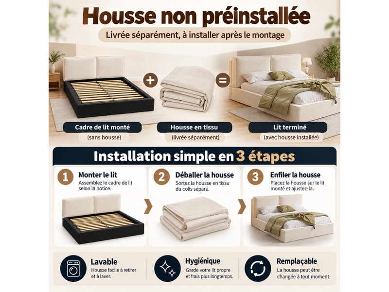  Lit coffre capitonné 180x200 cm beige en chenille, rangement hydraulique, tête de lit et sommier à lattes  - Conforama E