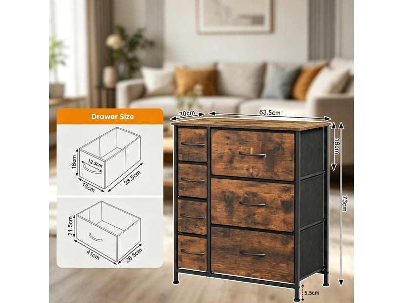  Meuble de rangement 63.5x30x73 cm, 7 tiroirs en tissu, bois d’ingénierie et métal brun rustique  - Conforama E