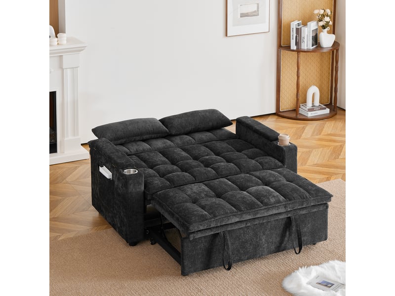  Canapé convertible 2 places 142 cm en chenille, canapé-lit avec fonction lit, rangement, porte-gobelets et coussins inclus - noir  - Conforama B