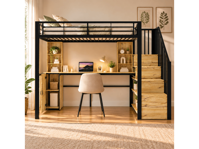  Lit mezzanine 90 x 200 cm avec bureau intégré, armoire, étagères, escalier de rangement et port usb, métal et bois - noir OMNIGLINT TRADING LTD - Conforama C