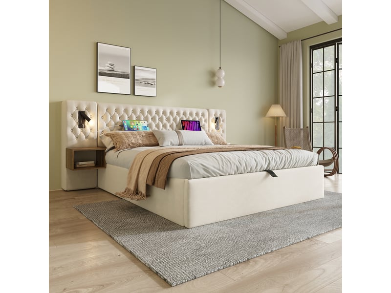  Lit double en velours beige 160 x 200 cm  - Conforama B
