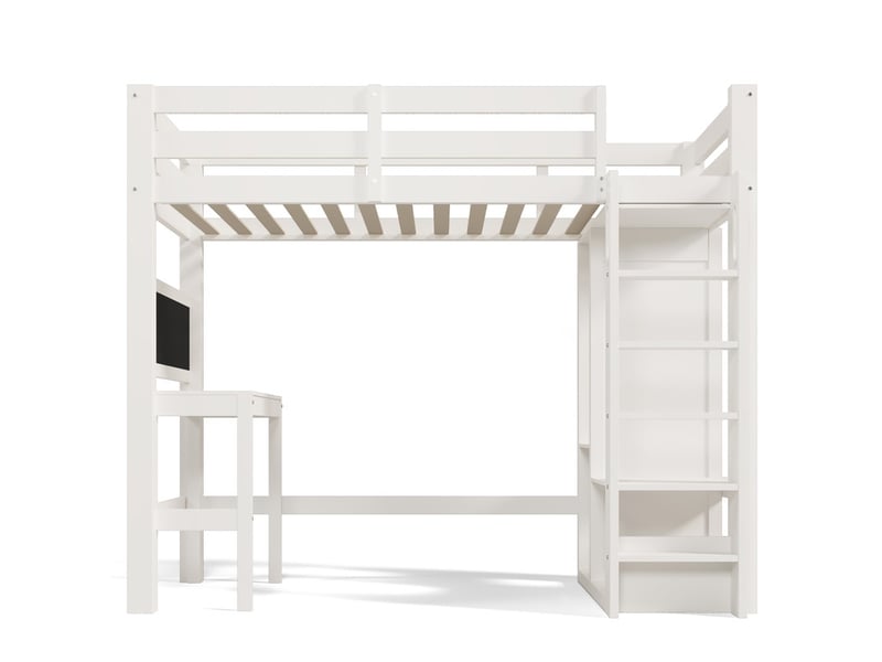 Lit mezzanine, 90 x 200 cm, vec bureau, penderie ouverte et étagères, barrière de sécurité, blanc - Conforama A