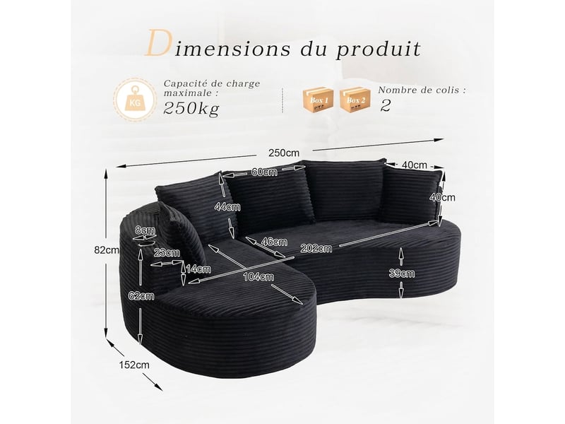  Canapé incurvé design moderne en velours côtelé doux et respirant 250 x 152 x 82 cm avec rangements  - Conforama C